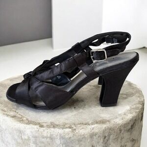 American Eagle Black Satin Bow Heel Sandals Coquette Feminine‎ Prom Event Size 8